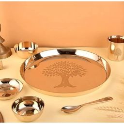 Pack of 6 Bronze 6-Piece Kansa Dinner Set|Matte Finish| (29.5cm Thali),2 Bowls,1 Glass,1 Sweet Dinner Set-image-11