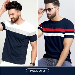 Pack of 2 Men Colorblock Round Neck Cotton Blend Blue, White, Red T-Shirt-image-3
