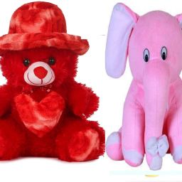 Combo Sitting Cap Teddy Bear With Pink Elephant Soft Toy for kids girls - 30 cm-24