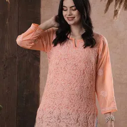 ADA Peach-Coloured & White Ethnic Motifs Embroidered Plus Size Chikankari Kurti-picture-26