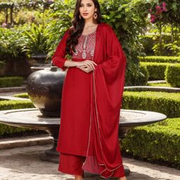 KALINI Ethnic Motifs Yoke Design Sequinned Kurta With Palazzos & Dupatta-13