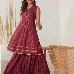 HERE&NOW Women Maroon Ethnic Motifs Printed Kurta with Palazzos & With Dupatta-image-14
