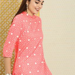 House of Pataudi Women Pink & White Ethnic Motifs Printed Rozana Kurta-image-90