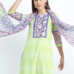 Vishudh Green & White Ethnic Motifs Printed Straight Kurta with Palazzos & With Dupatta-6
