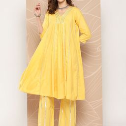 Inddus Ethnic Woven Design Empire Gotta Patti Pure Cotton A-Line Kurta With Palazzos-16