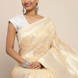 Leeza Store Beige & Silver-Coloured Ethnic Motifs Zari Organza Banarasi Saree-image-73