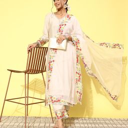 Kvsfab Women Floral Embroidered Regular Sequinned Kurta with Trousers & With Dupatta-image-21