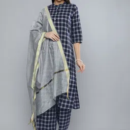 Vishudh Women Navy Blue & Off-White Checked Kurta with Palazzos & Dupatta-image-50