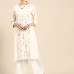 Anouk Women Off White Mirror Work Straight Kurta with Palazzos-picture-15