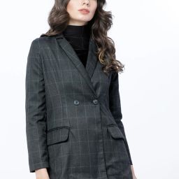 Women Checkered Double Breasted Party Blazer-image-56