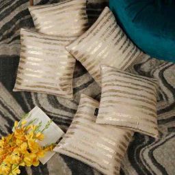 hosta homes Cream Velvet Striped 16X16 Inches Cushion Covers (Pack of 5)-picture-32