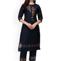 Berrylicious Women Blue Floral Embroidered Kurta with Trousers & With Dupatta-image-24