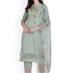 Berrylicious Women Sea Green Floral Beads and Stones Kurta With Trousers & Dupatta-image-38