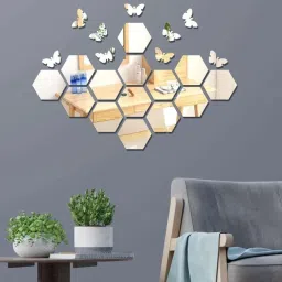 12 cm 14 Hexagon Silver with 10 Butterfy - Acrylic Mirror Wall Sticker's Self Adhesive Sticker-image-16