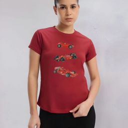 Women Graphic Print Round Neck Polyester Navy Blue T-Shirt-image-5