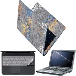 Techfit Full Body Laptop Skin with Screen Guard and Key Guard Floral Art on Grey Canvas Combo Set-19