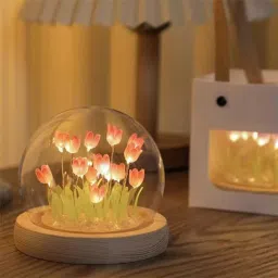 swl Handmade Tulip Lamp Night Light with Glass Dome Artificial Flower Table Lamp Table Lamp image 4