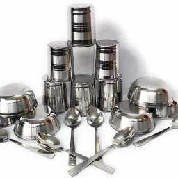 Pack of 18 Stainless Steel Stainless Steel Glass Set with Katori and Table Spoon Set of 6 Each Dinner Set-11