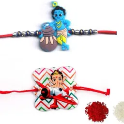 Kids Rakhi for Kids Cartoons Carectores Bal Krishna and BAl Ganesh, ganesha With Tika set Pack of 2 Assorted Rakhi, Chawal Roli Pack Set-11