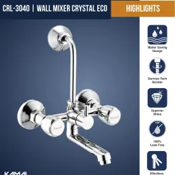 kamal Wall Mixer Crystal Eco | Fully Brass | With Provision for overhead shower connection and 165mm long bend pipe) | Easy to use click fitting Mixer Faucet image 2