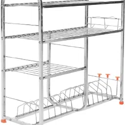 Utensil Kitchen Rack Stainless Steel 4 Shelf Wall Mount Kitchen Utensils Rack | Dish Rack with Plate & Cutlery Stand | Modular Kitchen Storage Rack | Kitchen Organizer (24x24 Inch) Steel-image-64