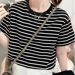 helpom Women Striped Round Neck Cotton Blend Black T-Shirt-picture-33