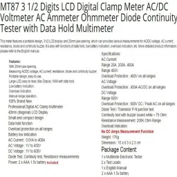 balrama MT87 3 ½ Digits Portable LCD Mini Digital Clamp Meter Multimeter Electric AC DC Current Voltage Tester Voltmeter Ammeter Ohmmeter Ampere Ohm Diode Continuity Tester Transistor Meter Diagnostic Tool with Data Hold Digital Voltage Tester image 3