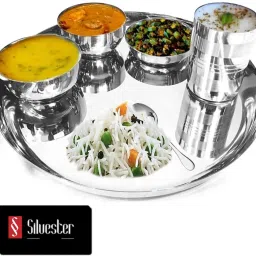 Pack of 6 Stainless Steel Dinner & Lunch Thali Set-6 Pcs (Plate, Halwa Plate, 2 Katori (Bowl),Glass,Spoon) Dinner Set-15