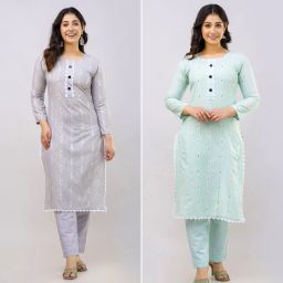 Pack of 2 Women Self Design Cotton Blend Straight Kurta-image-34