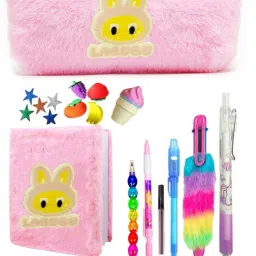 Labubu Stationery Combo Art Craft Kit 12 Pcs Trending Labubu Kawaii Stationery for Kids Pencil Case with Pencil/eraser/diary &Fur Pen Best Rakhi Gift for Kids Art Canvas Pencil Box-36