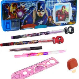 Stationery Gift Set Combo for Kids Captain-America Calculator Geometry Box for Kids Stationery Avenger Pencil/Mechanical Pencil/Scale/Eraser Return Gift Art Plastic Pencil Box-40