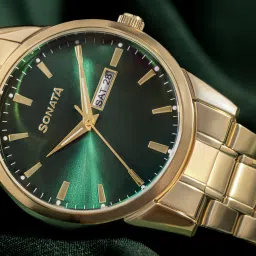 Sonata 2 Quartz with Day and Date Green Dial Golden Stainless Steel Strap Analog Watch - For Men 77147YM02-image-62