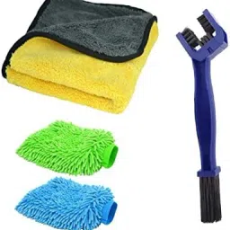 Microfiver Cloth,Chain Brush,Gloves-2 Car and and chain brush combo pack-of 4 Combo-4