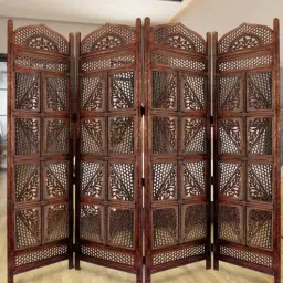 shilpi Brown Floral Handcarved Wooden Room Divider Four Panels In Fine Carving Shessham Wood-picture-23