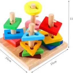 little mind Wooden Geometric Shape Four Column Blocks Stacking Puzzle Toy for Kids image 2