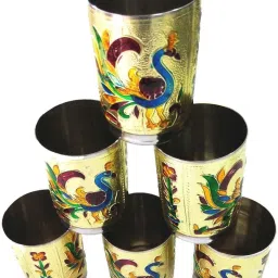 (Pack of 6) PEACOCK DESIGNED STAINLESS STEEL MEENAKARI 6-GLASS SET Glass Set Water/Juice Glass-image-24