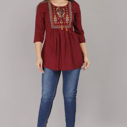 Casual Regular Sleeves Embroidered Women Maroon Top-image-4