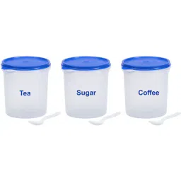 Varmora Grocery Container | Tea, Salt Coffee Containers with Spoons | Kitchen Storage Containers- Set of 3 (1Ltr each) | Stackable-Durable with Airtight Blue Lids-picture-0