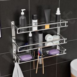 Multi-use Rack with Double Soap dish And Tumbler Holder Stainless Steel Wall Shelf-image-51