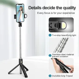 POZUB PZBL03 Selfie Stick Tripod With Fill Light Wireless Bluetooth Detachable Remote, 360°Rotation, Selfie Stick And Stand R1S With Flash Light And Remote Control Selfie Stick Extendable Stick Mini Tripod With Detachable Remote For Smart Selfie Phone Holder Best Use For Make Videos Compatible With Mobiles Video Stand In Gimbal Stabilizer, |In Mobile Holder For Hand| Stand For Online Classes Tripod, Monopod, Monopod Kit, Tripod Ball Head, Tripod Bracket, Tripod Clamp, Tripod Kit-3