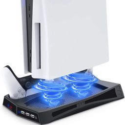 microware Vertical Stand with Cooling Fan for PS5 Console and Playstation 5 Digital Edition, Dual Controller Charging Station with 3 USB Hub for DualSense 5 Cooling Pad-2