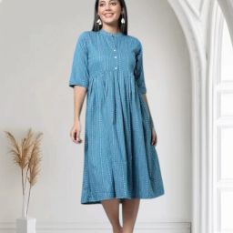 Women Fit and Flare Blue Ankle Length Dress-image-94