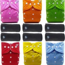 Baby Cloth Pocket Diapers , Reusable Washable Adjustable Snap Buttons Waterproof Nappies for Newborn Infants with Wet-Free Insert Pad-(0-12 Months)(Combo of 6 Cloth Diapers+6 bamboo charcol Inserts)-24
