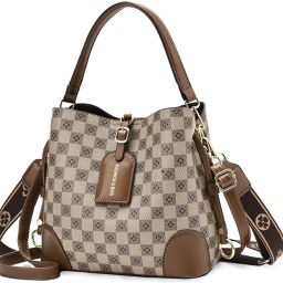 Brown Women Shoulder Bag PU Bucket Bag for Women Fashion Check Pattern Bucket Bag Crossbody Shoulder Bag-image-22
