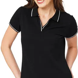 wear your opinion Women Solid Polo Neck Cotton Blend Black T-Shirt-picture-4