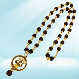 Mahakal Locket with Rudraksha Mala, Trishul Damru Pendant, Spiritual Shiva mala Gold-plated Beads Brass, Wood Pendant Set-image-30