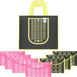 heart home Pack of 8 Smile Foldable Grocery/Shopping Bags For Women | Black Yellow & Pink Pack of 8 Grocery Bags-picture-48