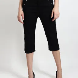 tyffyn Women's Five Pocket Black Colour Stretchable Denim Capri With Stone Women Denim Capri-picture-18