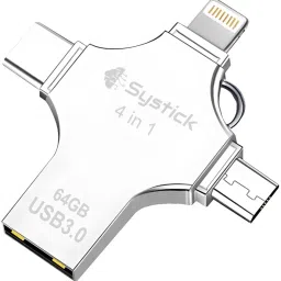 SYSTICK Flash Drive 64 GB 4 in 1 Pendrive with Light-ning, Micro USB, USB A, Type-C 64 GB Pen Drive Compatible with Audio Player, Desktop Computer, Laptop, Mobile, Television, Tablet, Netbook, Gaming Console USB 3.0 Metal Case-18