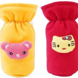 Soft Plush Stretchable Baby Feeding Bottle Cover Easy to Hold Strap With Cute Animated Cartoon| Suitable for 130-250 Ml Feeding Bottle(Yellow-Dark Red)-image-3